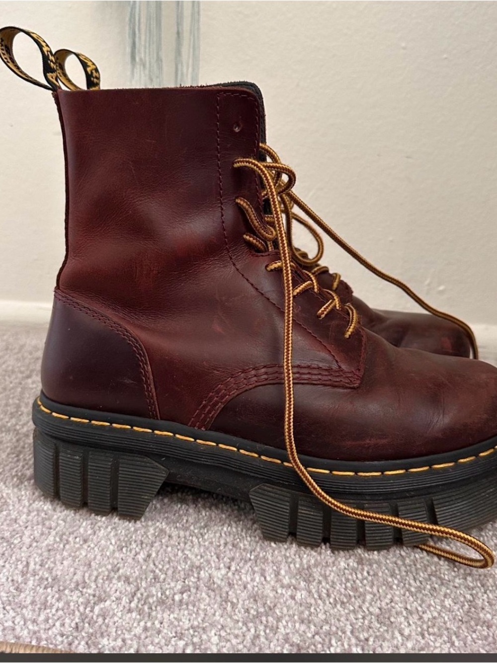 Women's Doc Martens Audrick Burgundy Lace-Up Platform Boot with Yellow Stitching